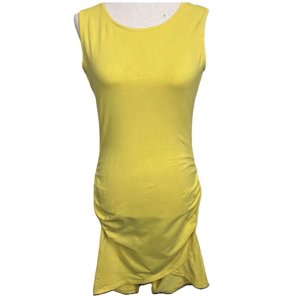 Missufe Womens Midi Bodycon Dress Ruched Size Medium Yellow Asymetric Hem